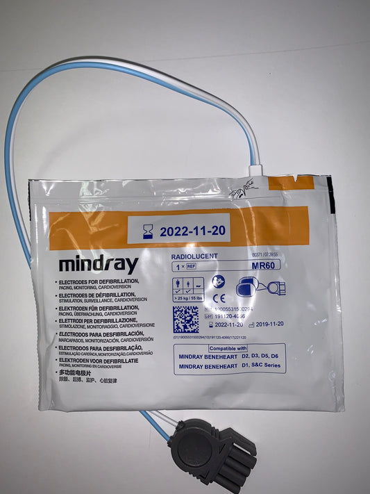 Mindray MR60 Adult Multifunction Defibrillation electrode pads RADIOLUCENT Single use, non sterile  1.2m preconnectable cable Factory PN 115-040517-00 Singles and 0651-30-77007 Box 5