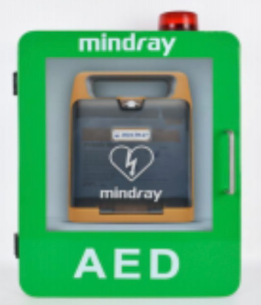 AED Wall Cabinet, White with Green MINDRAY AED Signage 325mm wide x 430mm high x 130mm deep with Alarm Strobe & Door Alarm