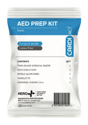AED BASIC AED PREPARATION KIT, comprising a proper surgical razor designed to cope with tough hair, trauma shears for cutting clothing, a drying towel, 1 pair of nitrile gloves, and a CPR face shield of premium quality.