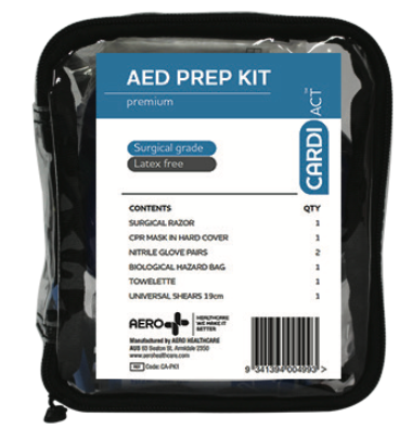 AED PREMIUM PREPARATION KIT in clear soft pack. Incl. Universal Shears, Surgical razor, Hard-Shell CPR mask, 2 x pair Nitrile gloves, Towelette, Biohazard bag