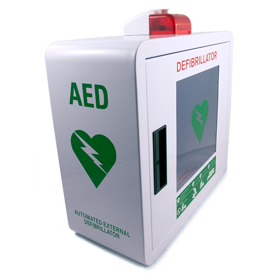 AED Wall Cabinet, White with Green AED Signage 435mm wide x 380mm high x 185mm deep Strobe & Door Alarm